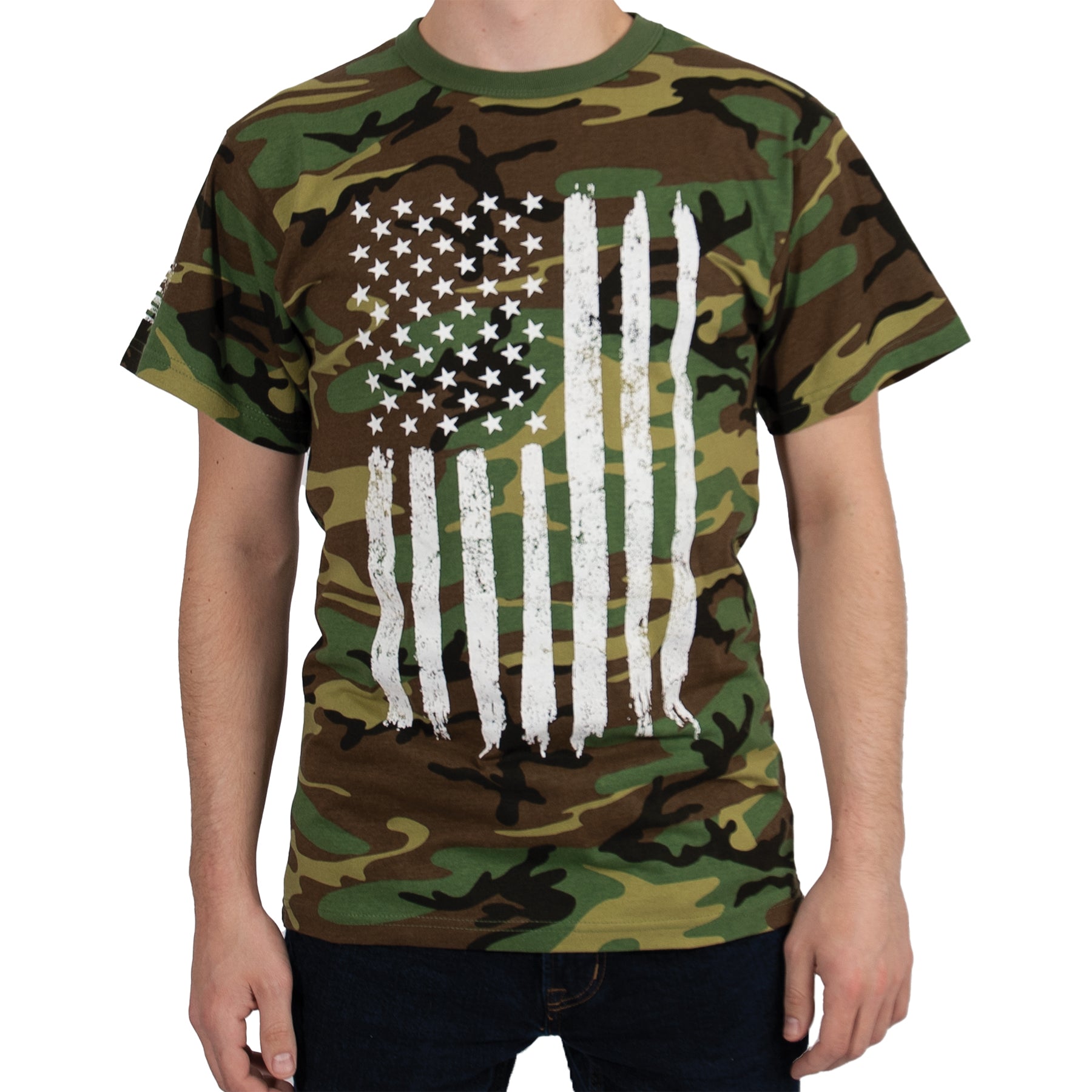 Camo Poly/Cotton US Flag Athletic Fit T-Shirts Woodland Camo