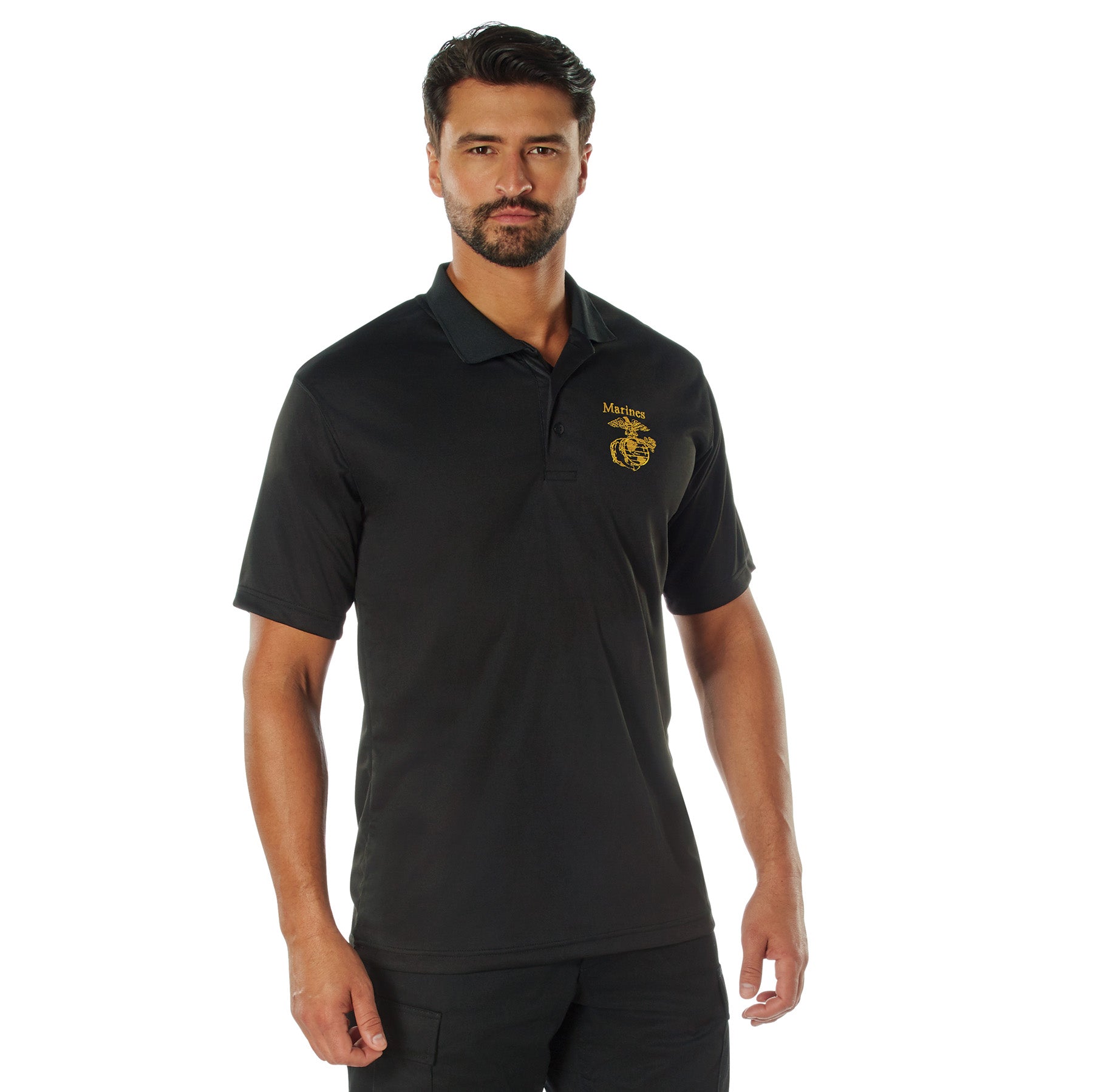 Poly Moisture Wicking Embroidered USMC Eagle, Globe, & Anchor Polo T-Shirts Black