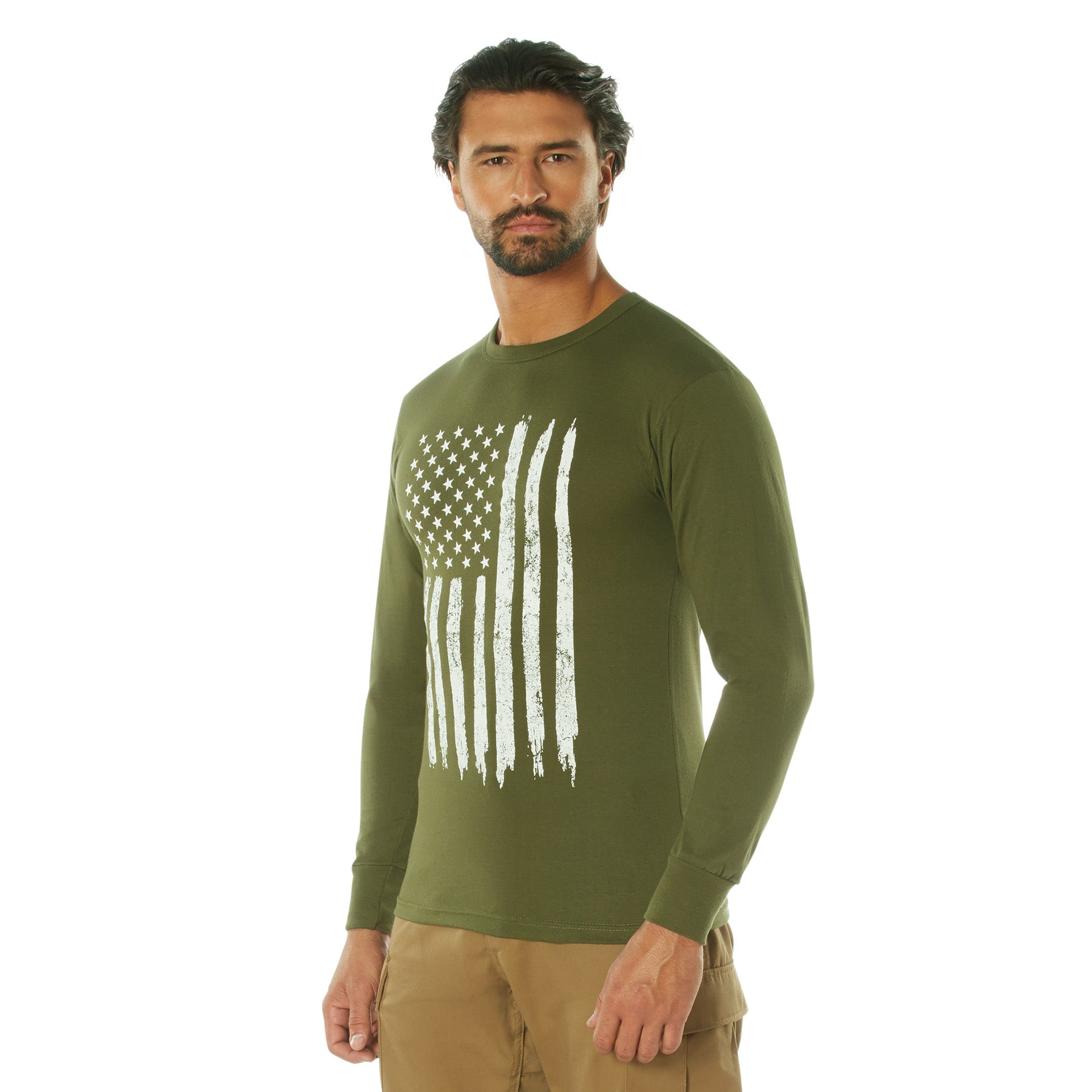 Poly/Cotton US Flag Athletic Fit Long Sleeve Shirts Olive Drab