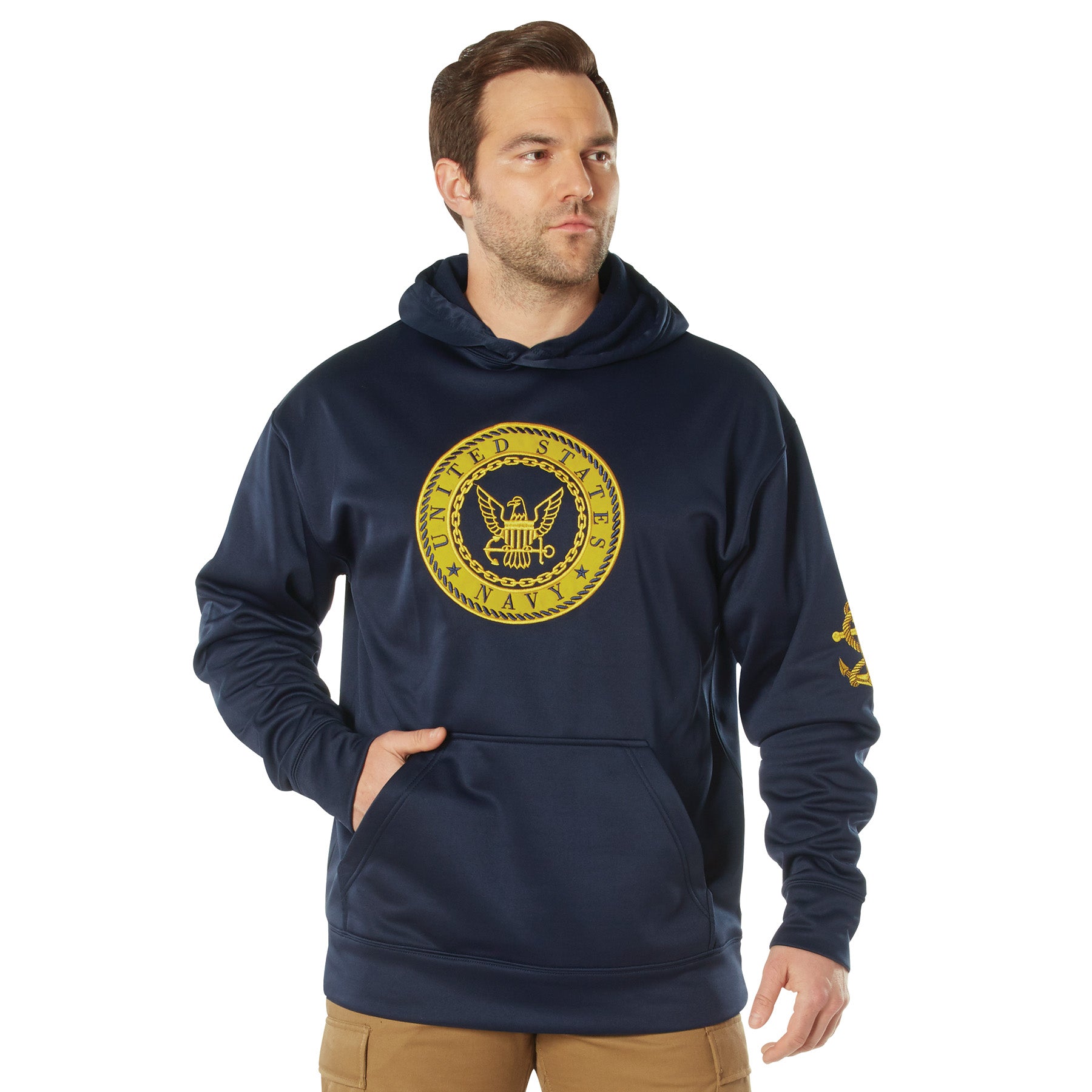 Poly Military Navy Emblem Embroidered Hooded Sweatshirts Navy Blue