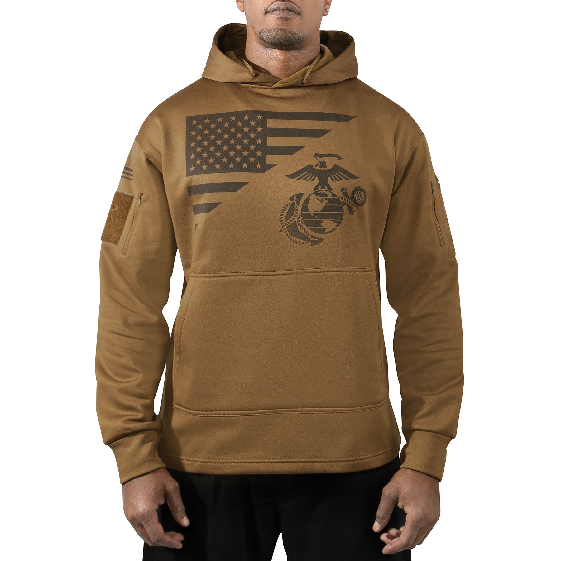 Poly US Flag / USMC Eagle, Globe, & Anchor Concealed Carry Hooded Sweatshirts Coyote Brown