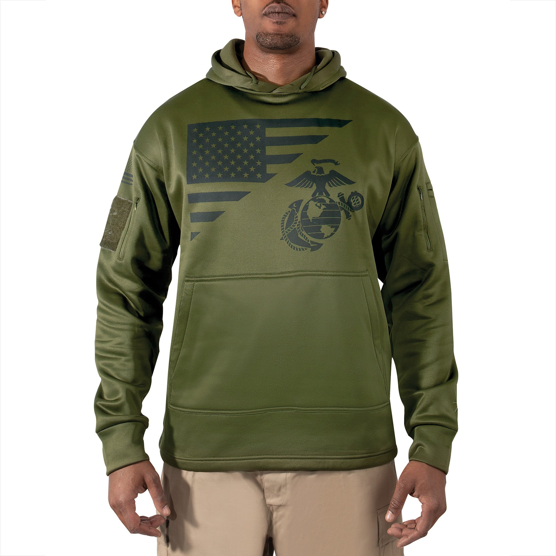 Poly US Flag / USMC Eagle, Globe, & Anchor Concealed Carry Hooded Sweatshirts Olive Drab