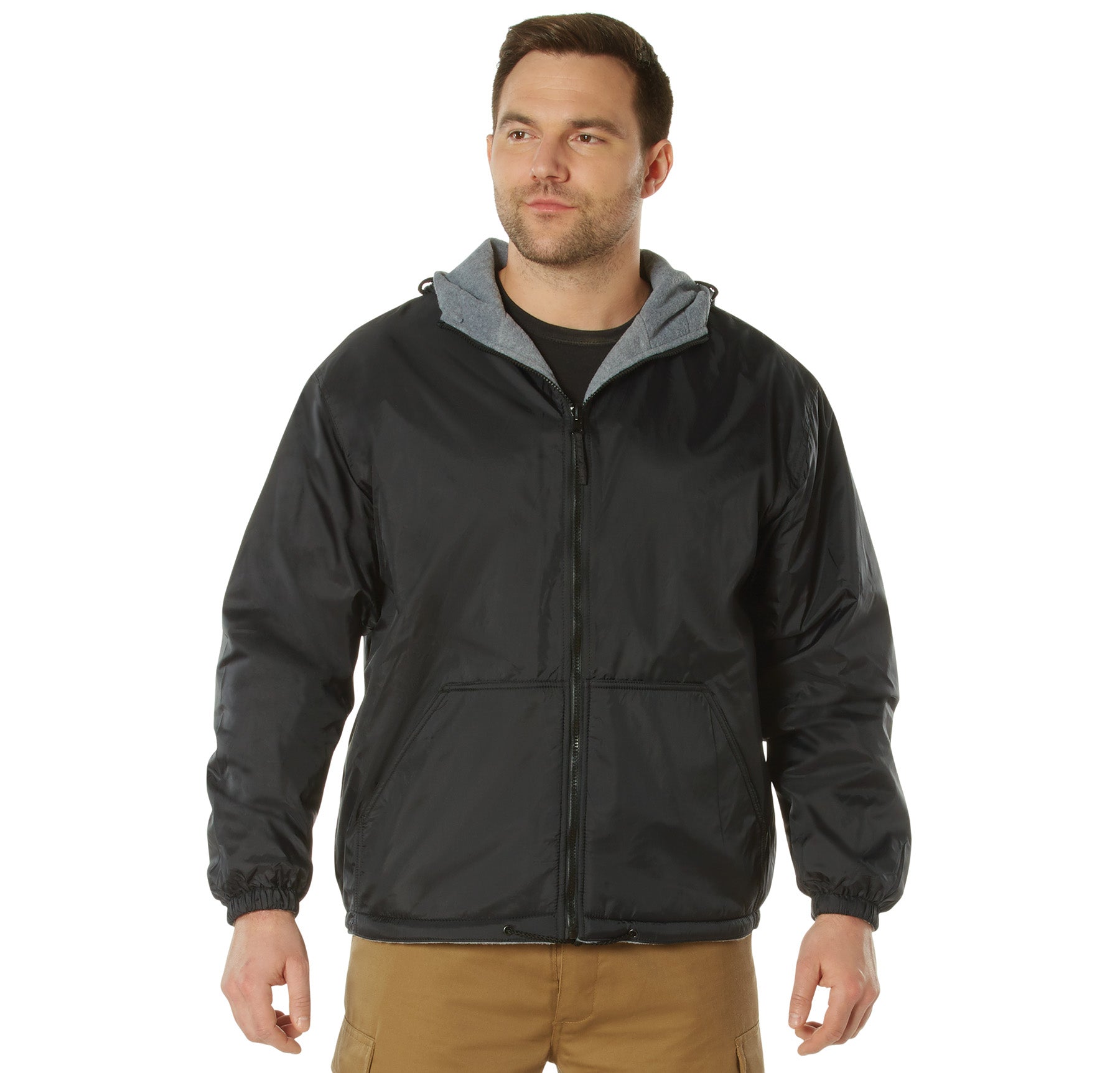 Nylon Reversible Fleece-Lined Hooded Jackets Black